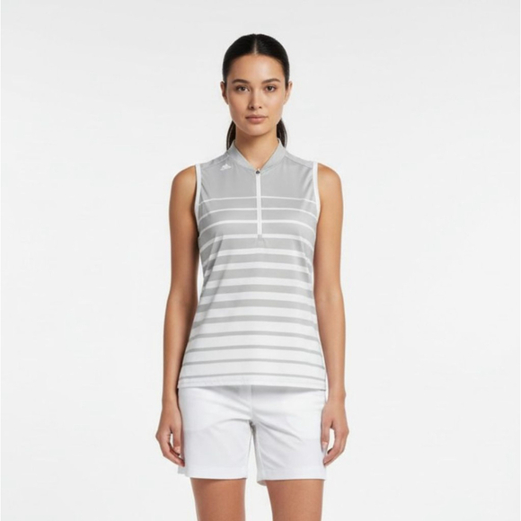Adidas Tops - Adidas Engineered Gray White Striped Sleeveless Polo Golf Tank Top - Medium